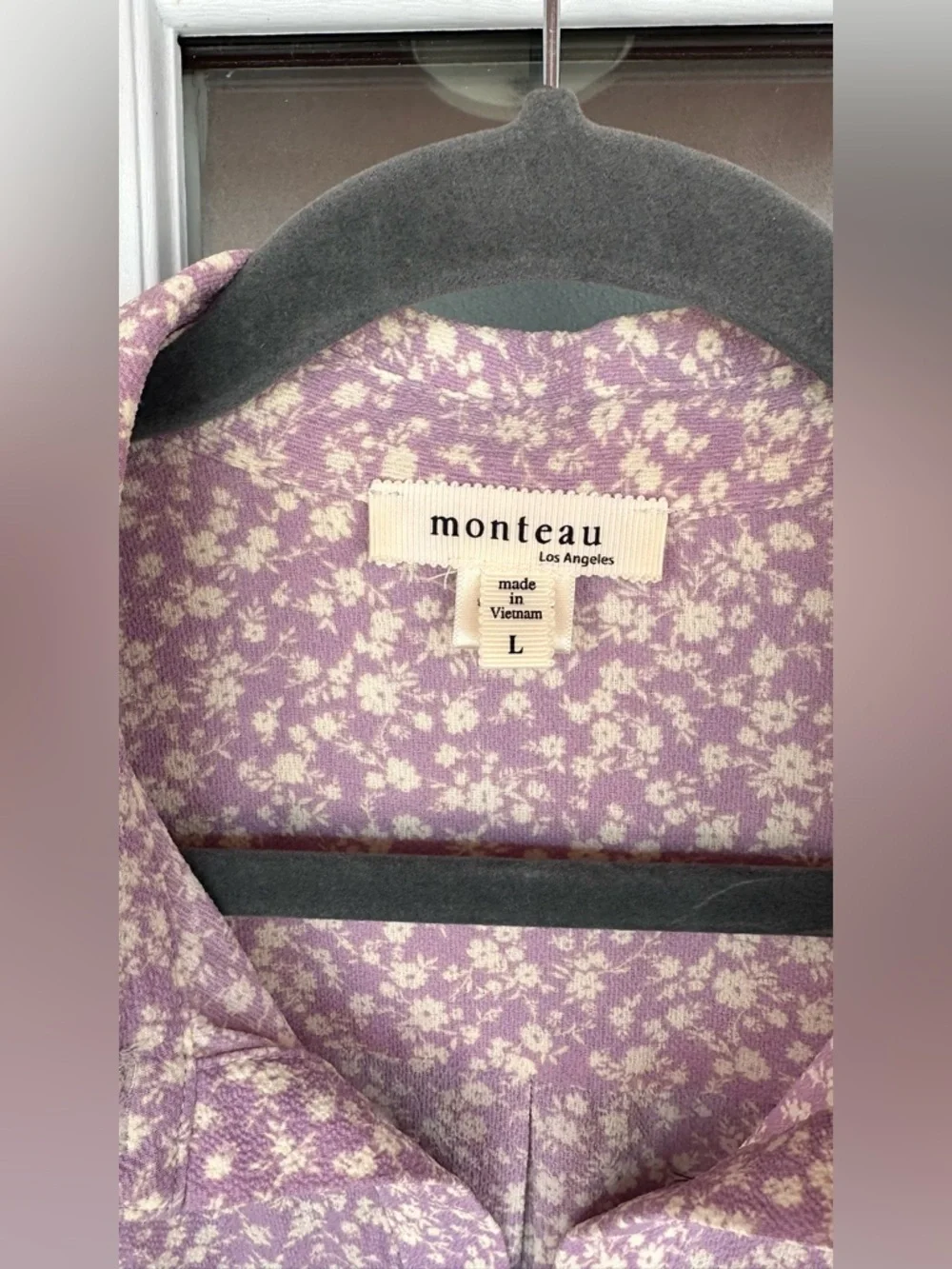 Monteau Georgette Purple Cream Floral Button FrontTie Shirt Midi Dress - size L - Picture 4 of 6